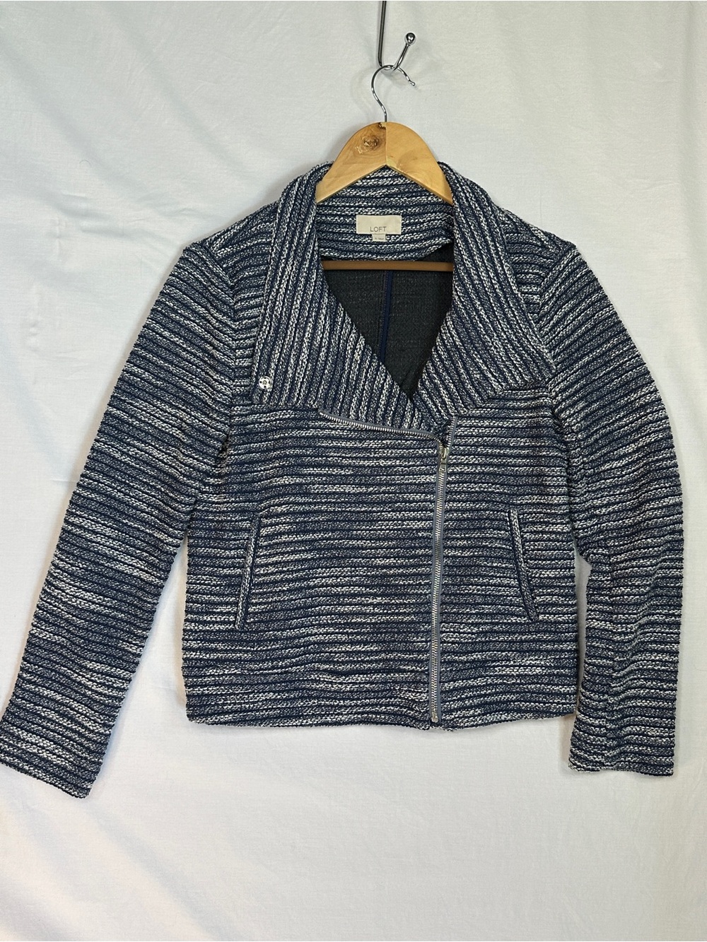 LOFT Navy & White Striped Knit Moto Blazer